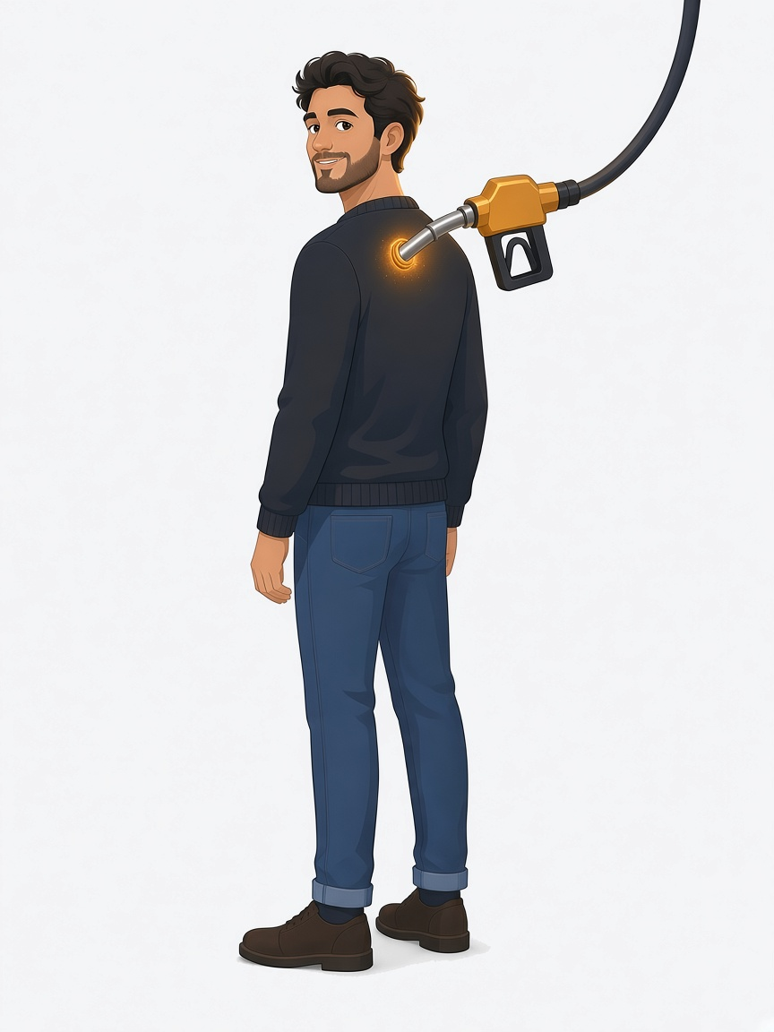 Illustration of a man standing with a gold gas pump nozzle in his upper back, glowing as he fills up on faith